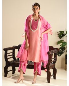 Pink Embroidered Crushed Silk Suit- Set of 3