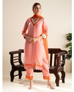 Pink Lace Work Crushed Silk Suit- Set of 3