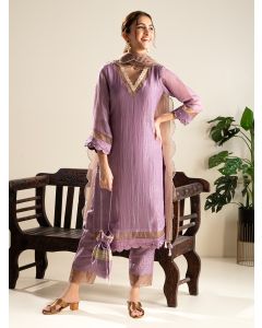 Purple Lace Work Crushed Silk Suit- Set of 3