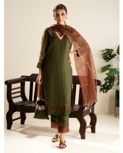 Green Lace Work Crushed Silk Suit- Set of 3
