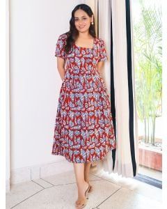 Red Blue Bagru Hand Block Printed Cotton Dress