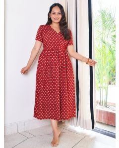 Red Bagru Hand Block Printed Cotton Dress