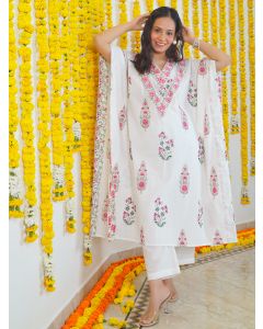 White Hand Block Printed Cotton Kurta with Pants - Set of 2