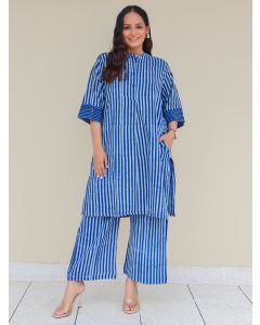 Indigo Dabu Hand Block Printed Cotton Kurta with Pants - Set of 2