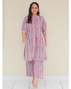 Red Blue Bagru Hand Block Printed Cotton Kurta with Pants - Set of 2