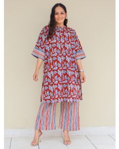 Red Blue Bagru Hand Block Printed Cotton Kurta with Pants - Set of 2