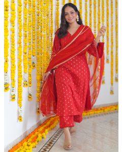 Red Lace Work Cotton Lurex Suit - Set of 3