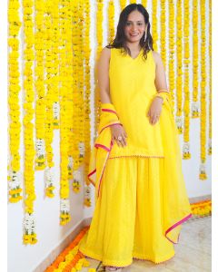 Yellow Cotton Lurex Sharara Suit - Set of 3