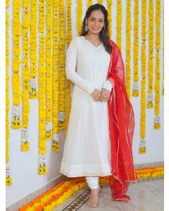 White Lace Work Cotton Lurex Suit - Set of 3