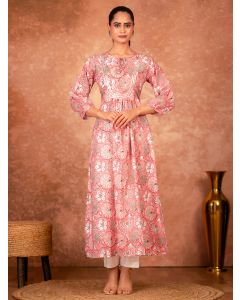 Pink Hand Block Printed Cotton Kurta with Pants - Set of 2