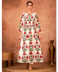 Off White Red Hand Block Printed Cotton Kurta with Pants - Set of 2