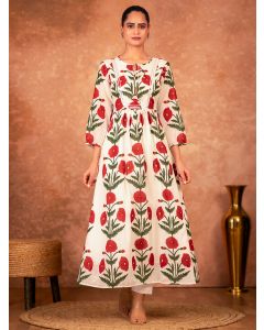 Off White Red Hand Block Printed Cotton Kurta