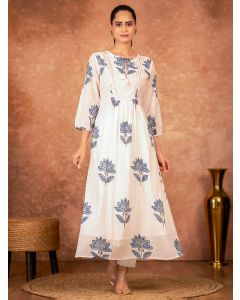 Off White Blue Hand Block Printed Cotton Kurta with Pants - Set of 2
