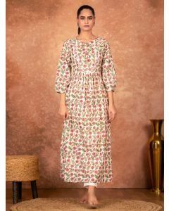 Off White Red Hand Block Printed Cotton Kurta with Pants - Set of 2