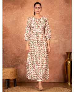 Off White Red Hand Block Printed Cotton Kurta