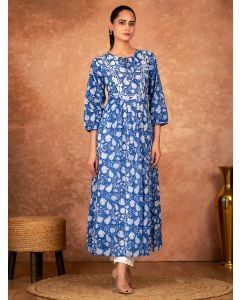 Blue Hand Block Printed Cotton Kurta with Pants - Set of 2