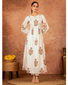 Off White Pink Hand Block Printed Cotton Kurta with Pants - Set of 2