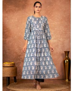 Blue Hand Block Printed Cotton Kurta with Palazzo - Set of 2