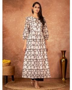 Off White Hand Block Printed Cotton Kurta with Palazzo - Set of 2
