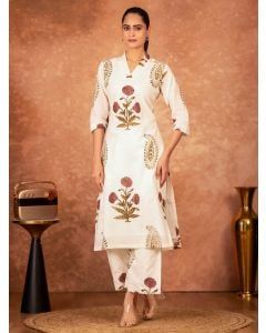 Off White Red Hand Block Printed Cotton Kurta with Pants - Set of 2