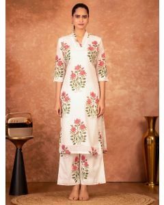 Off White Pink Hand Block Printed Cotton Kurta with Pants - Set of 2