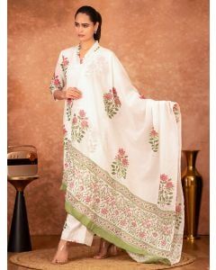 Off White Pink Hand Block Printed Cotton Suit - Set of 3