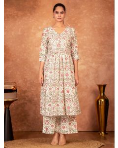 Off White Green Hand Block Printed Cotton Kurta with Pants - Set of 2