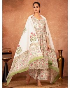 Off White Green Hand Block Printed Cotton Suit - Set of 3