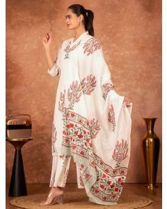 Off White Hand Block Printed Cotton Suit - Set of 3