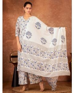 Off White Blue Hand Block Printed Cotton Suit - Set of 3