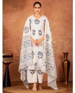 Off White Blue Hand Block Printed Cotton Suit - Set of 3