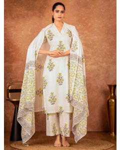 Off White Yellow Hand Block Printed Cotton Suit - Set of 3