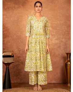 Off White Yellow Hand Block Printed Cotton Kurta with Pants - Set of 2