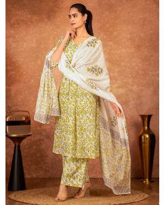 Off White Yellow Hand Block Printed Cotton Suit - Set of 3