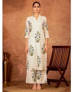 Off White Blue Hand Block Printed Cotton Kurta with Pants - Set of 2