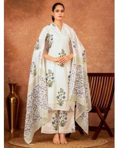 Off White Blue Hand Block Printed Cotton Suit - Set of 3