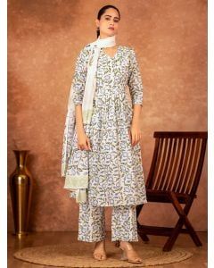 Off White Blue Hand Block Printed Cotton Suit - Set of 3