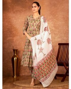 Green Pink Hand Block Printed Cotton Suit - Set of 3