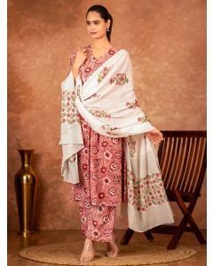Pink Hand Block Printed Cotton Suit - Set of 3