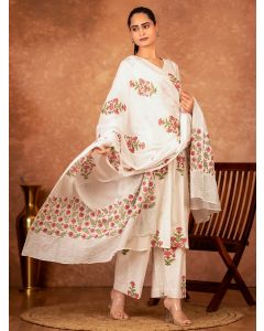 Off White Pink Hand Block Printed Cotton Suit - Set of 3