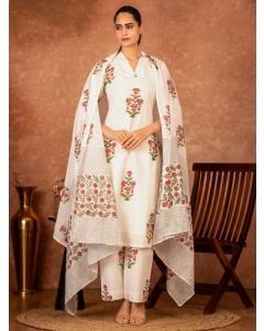 Off White Pink Hand Block Printed Cotton Suit - Set of 3