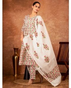 Off White Red Hand Block Printed Cotton Suit - Set of 3