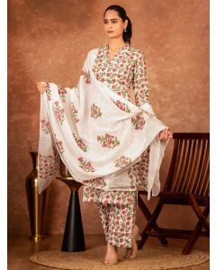 Off White Red Hand Block Printed Cotton Suit - Set of 3