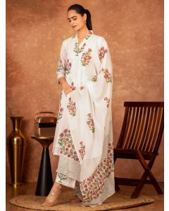 Off White Pink Hand Block Printed Cotton Suit - Set of 3