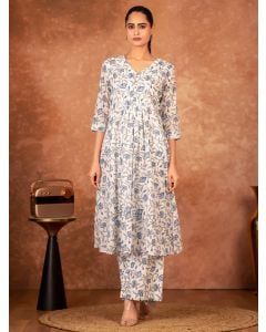 Off White Blue Hand Block Printed Cotton Kurta with Pants - Set of 2