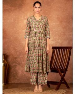 Green Pink Hand Block Printed Cotton Kurta with Pants - Set of 2