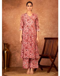 Pink Hand Block Printed Cotton Kurta with Pants - Set of 2