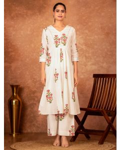 Off White Pink Hand Block Printed Cotton Kurta with Pants - Set of 2