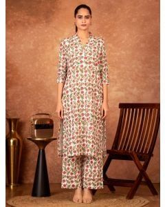 Off White Red Hand Block Printed Cotton Kurta with Pants - Set of 2