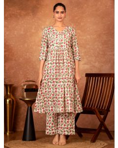 Off White Red Hand Block Printed Cotton Kurta with Pants - Set of 2